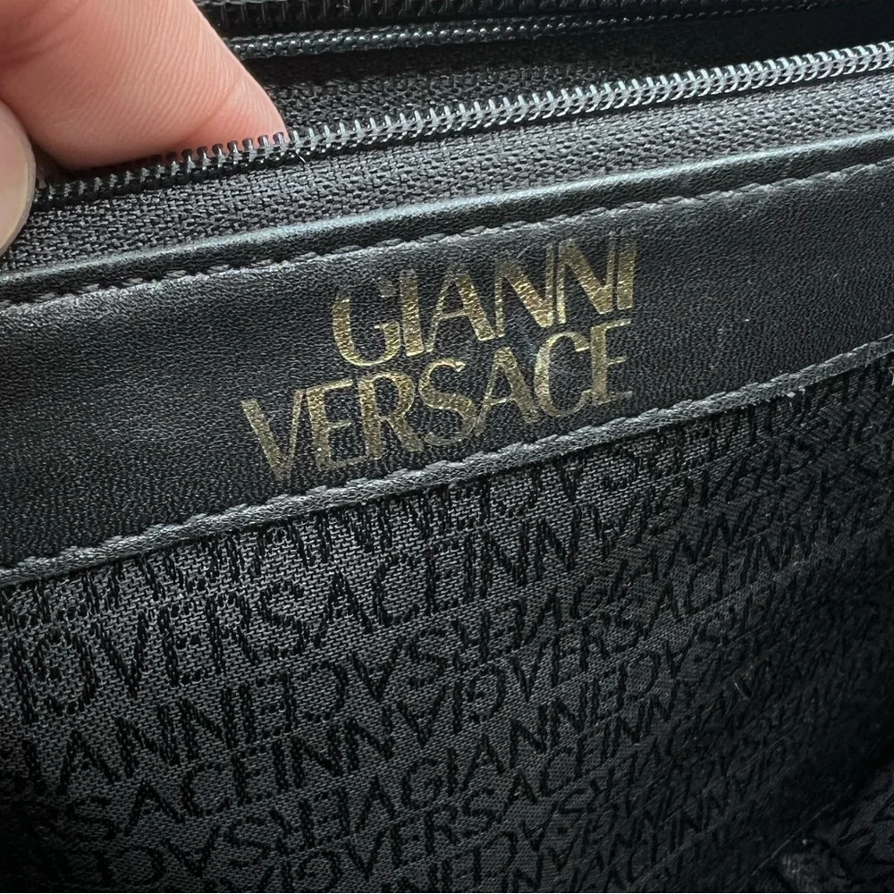 Authentic VERSACE Vintage Black Leather Zip Shoulder Bag Purse W/ Tassel